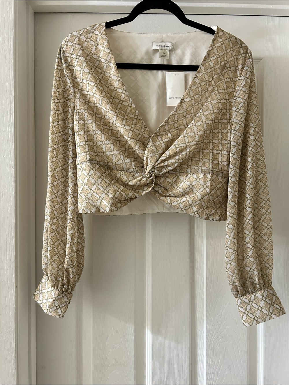 Club Monaco Neutral Beige Patterned Twist-Front Crop Top